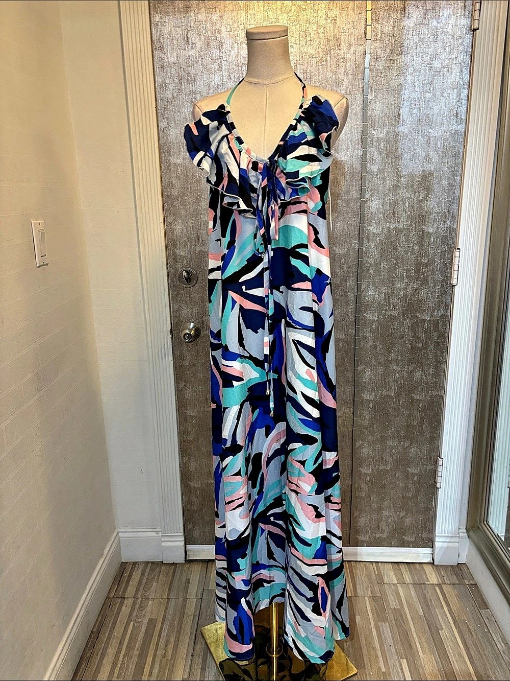 Yumi Kim Abstract Ruffle Maxi Dress in Blue & Pink, S
